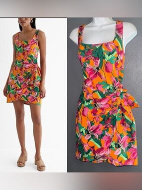 Express New w $88 Tags Orange Floral Wrap Mini Vacation Dress Womens Medium